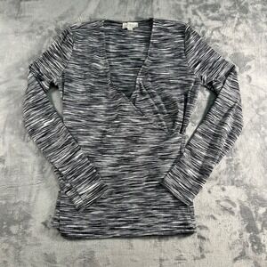 LOFT Outlet Women's Medium Black White Striped Faux Wrap Knit Top